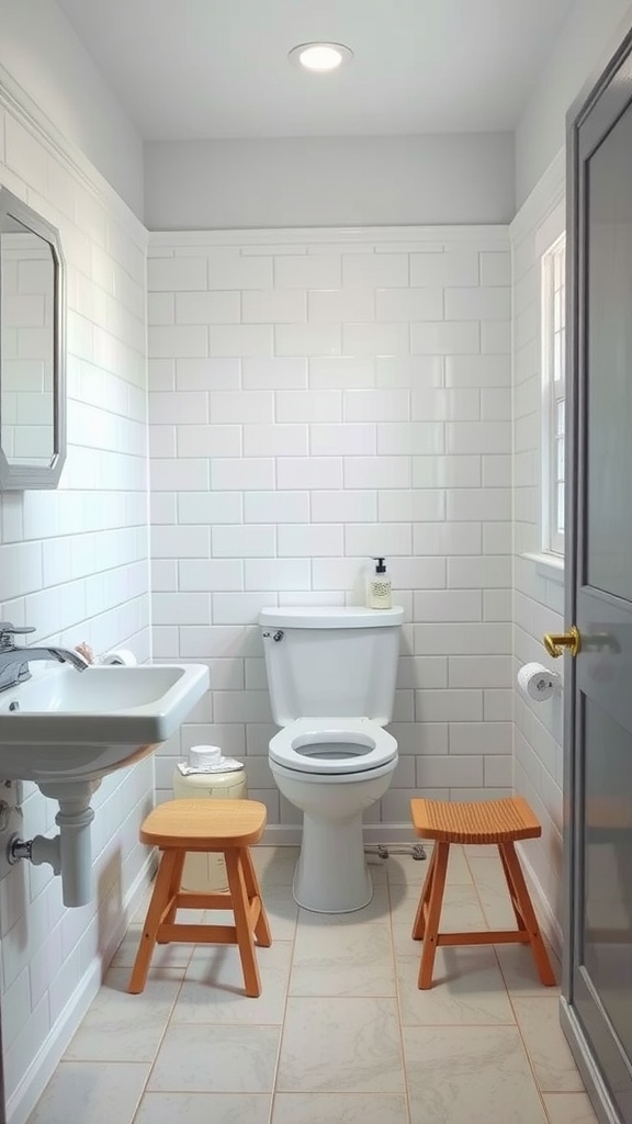 A small bathroom featuring a toilet, sink, and two wooden stools