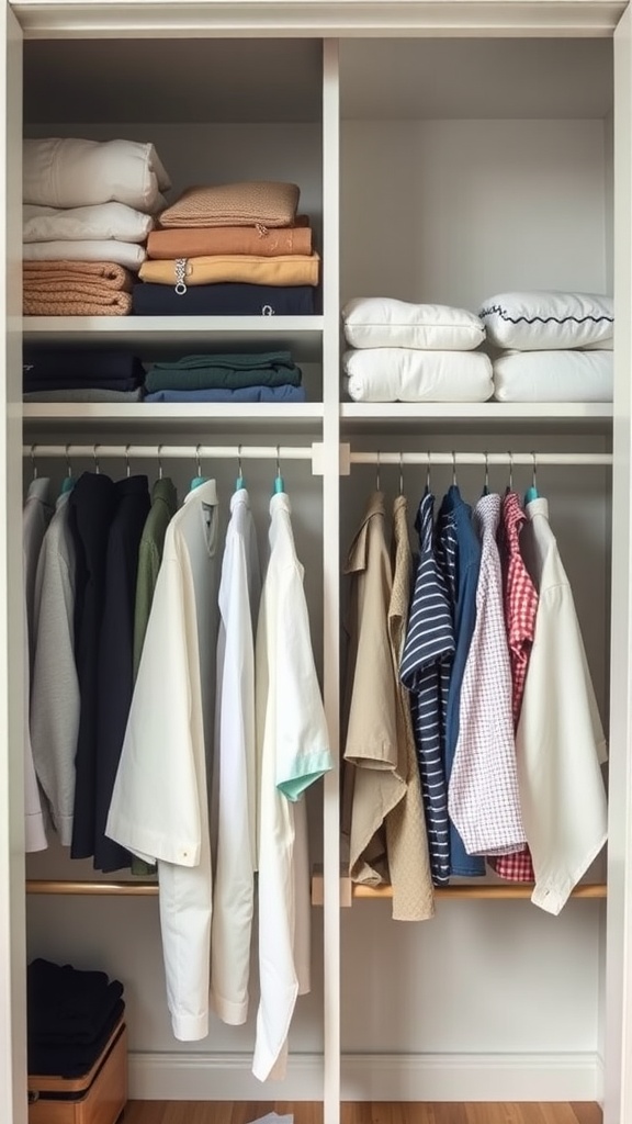 A well-organized closet with folded clothes on shelves and hanging garments.