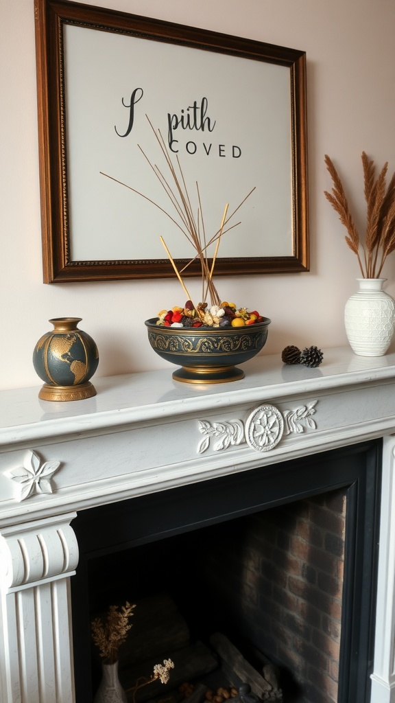 A stylish fireplace mantel decorated with a fragrant potpourri display, decorative vases, and a framed wall art.