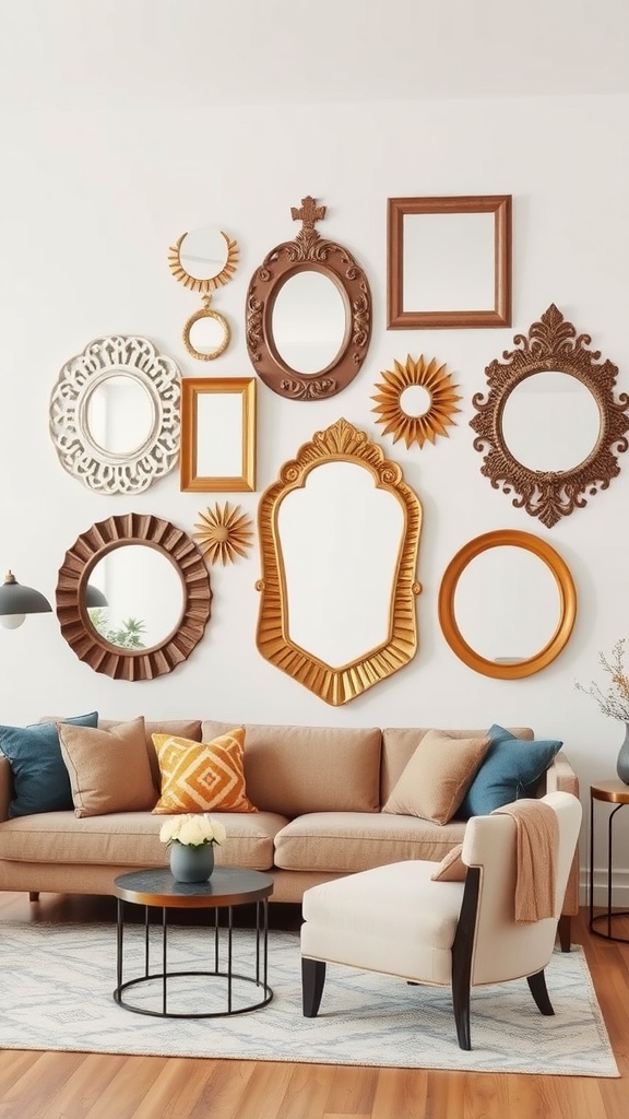 A collection of decorative wall mirrors in various shapes and frames displayed on a wall.