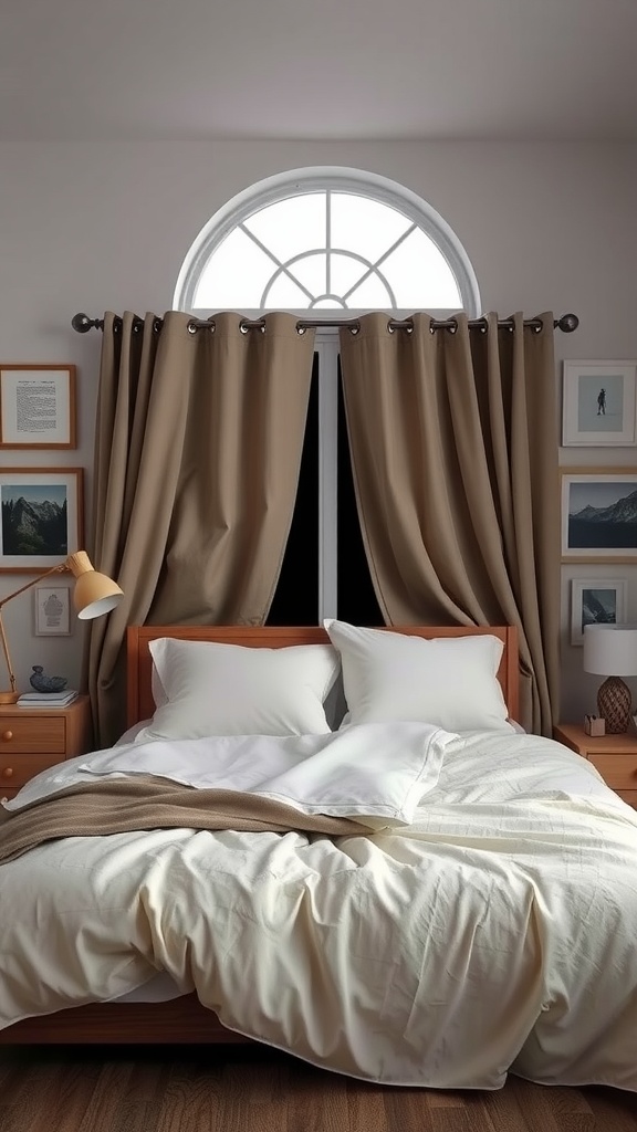 A cozy bedroom featuring framed canvas art and elegant curtains.