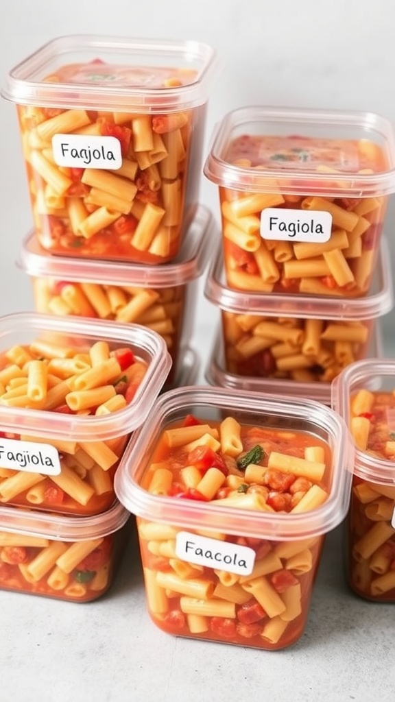 Containers of pasta fagioli ready for freezing and storing
