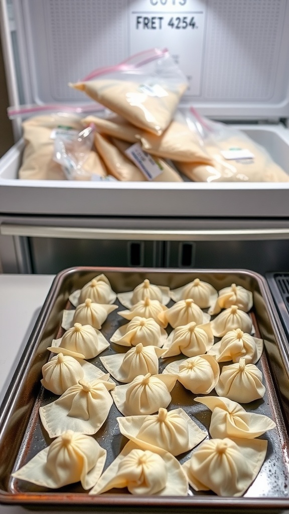 A tray of freshly made crab rangoon ready for freezing