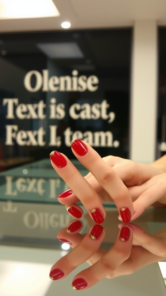 A hand with red nails featuring gold French tips, reflecting on a glass surface.