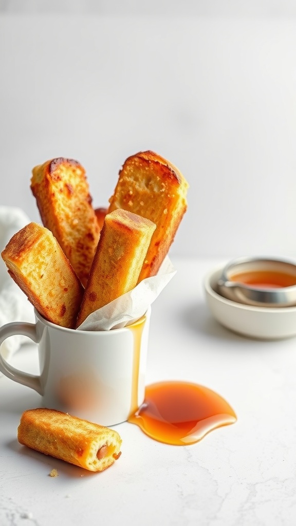 French toast sticks served in a cup with syrup