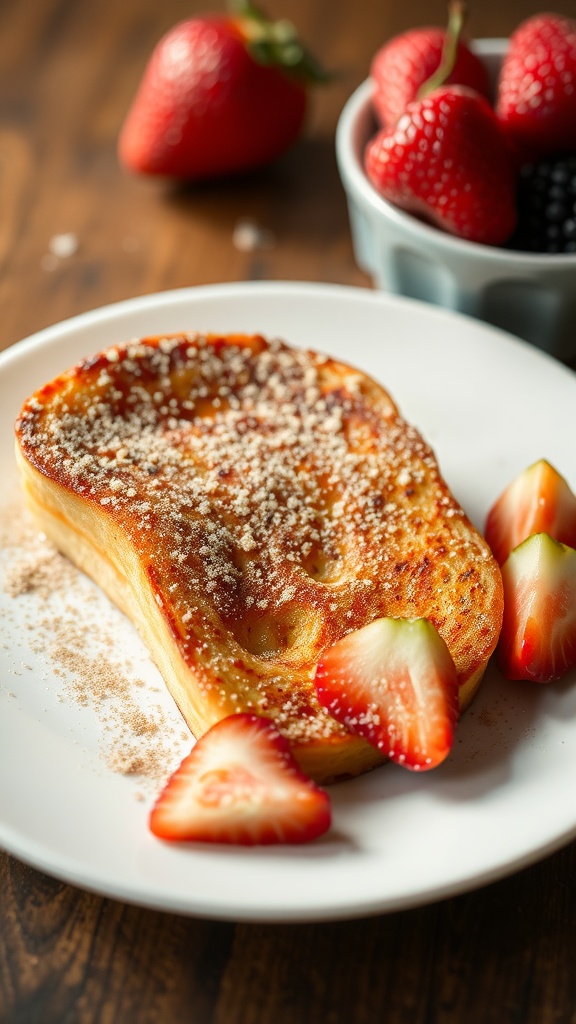 A slice of French toast topped with cinnamon sugar and fresh strawberries