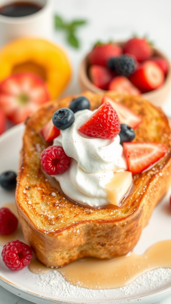 Delicious French toast topped with maple whipped cream and fresh berries on a plate