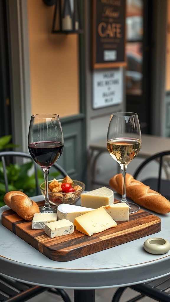 A stylish cheese board with various cheeses, a glass of red wine, and a glass of white wine on a table.