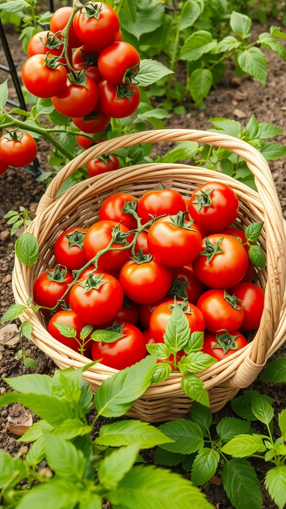 A bowl of bright red, freshly stewed tomatoes, garnished with herbs.
