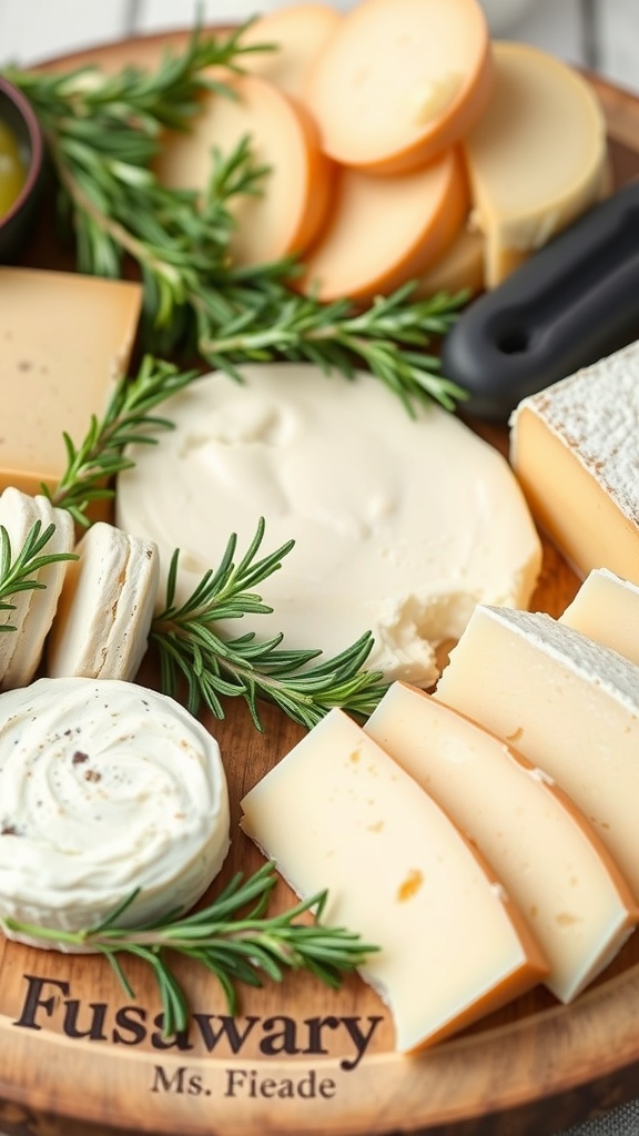A cheese platter featuring a variety of cheeses, fresh herbs, and crackers.