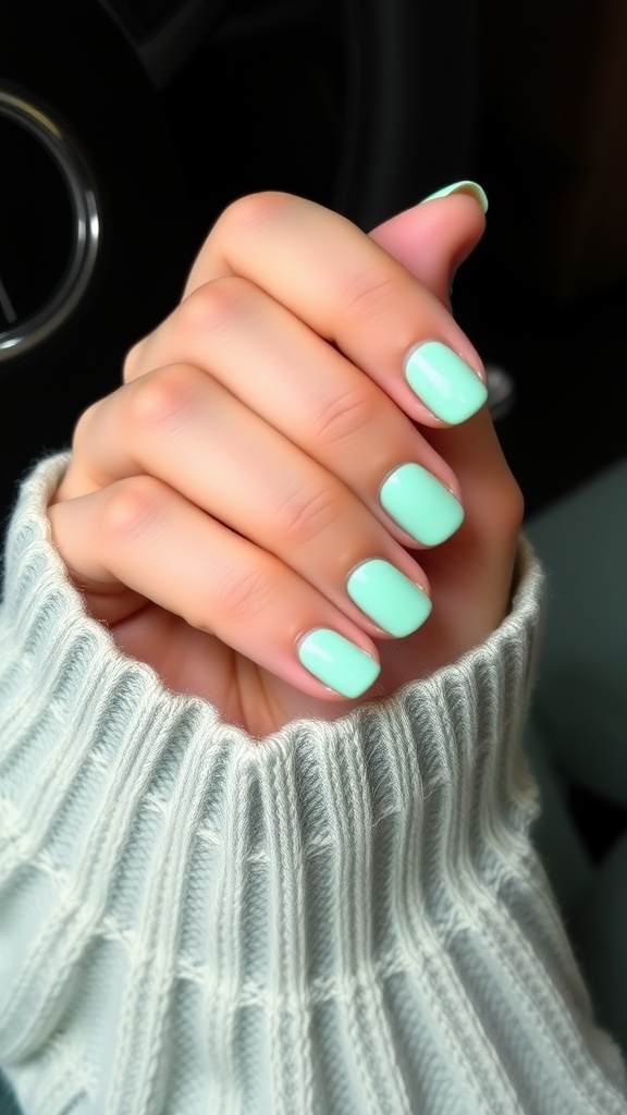 Close-up of hands with mint green nails and a cozy sweater.
