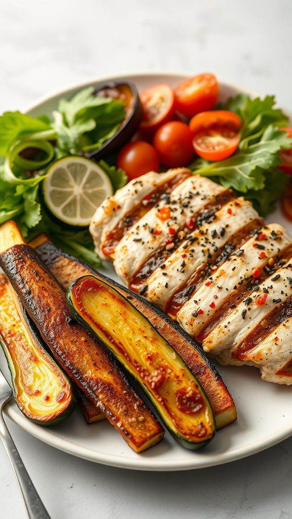 Fried zucchini served with grilled chicken and fresh vegetables.