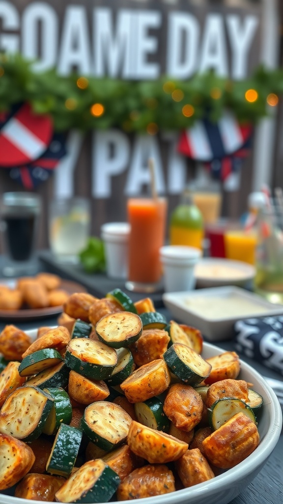 A platter of crispy fried zucchini slices, ready for snacking.