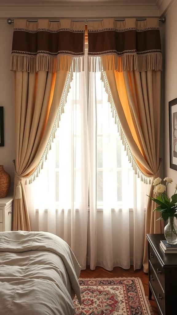 A cozy bedroom with fringe trimmed curtains in soft colors, allowing natural light to filter through.