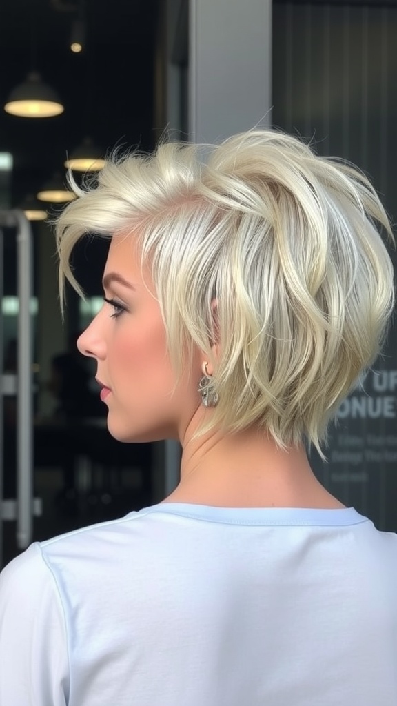 A modern frosted blonde hairstyle with a stylish cut.
