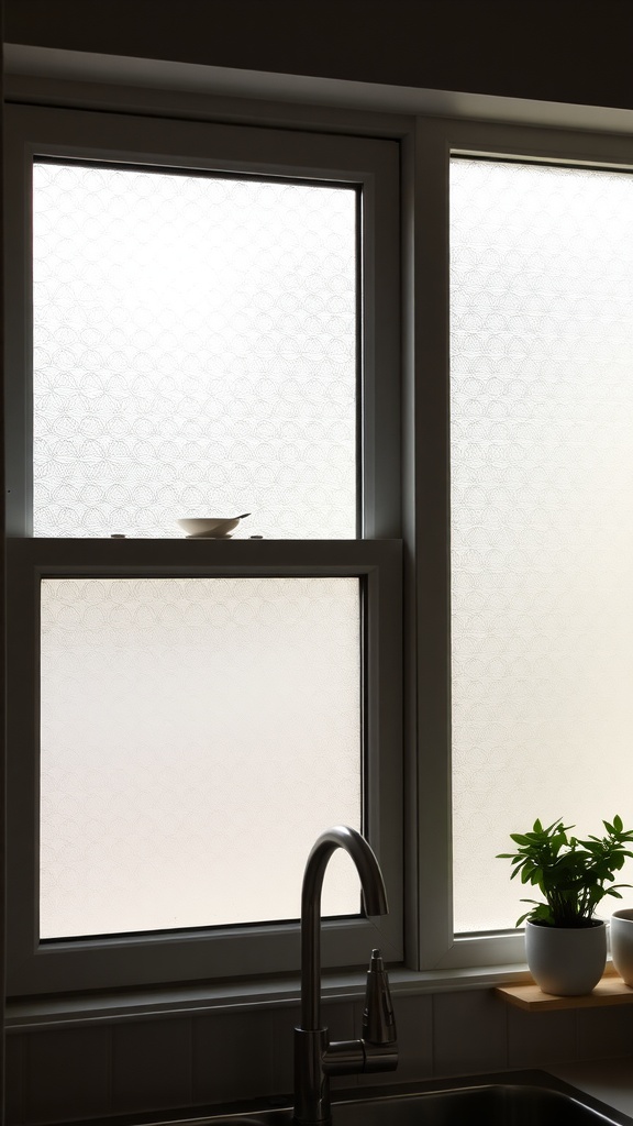 Frosted glass kitchen windows with a small plant and dish on the sill.