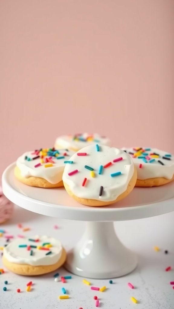 Frosted Keto Cream Cheese Cookies on a cake stand with colorful sprinkles.