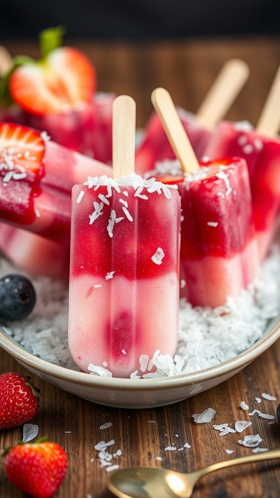 Frozen berry pops with coconut, featuring layers of fruit and coconut in a popsicle form.