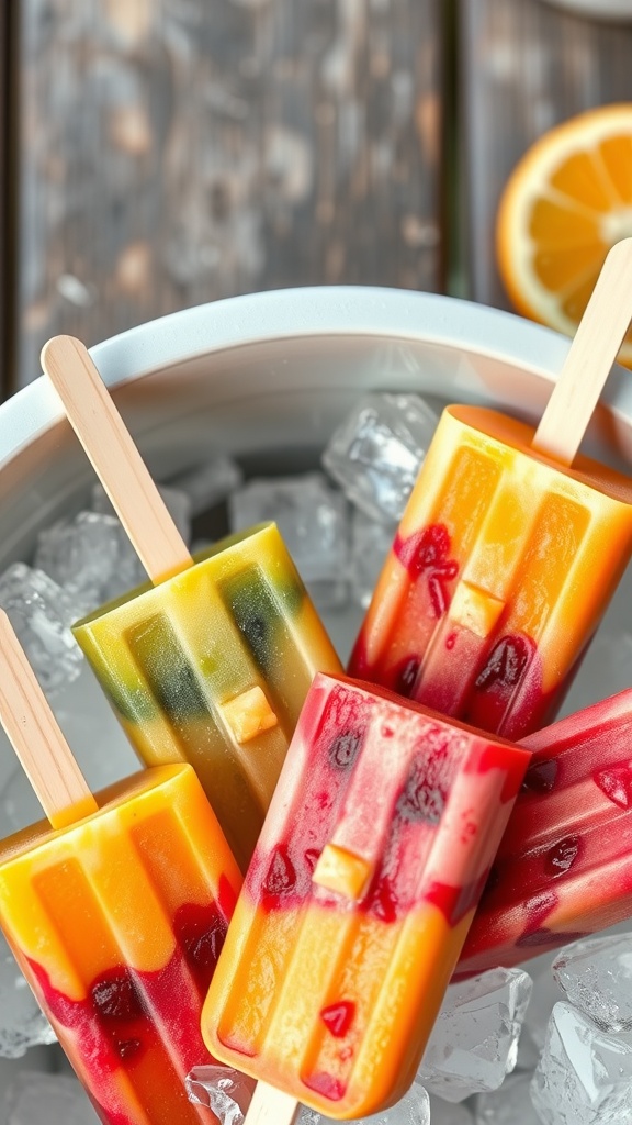 Colorful frozen fruit pops in a bowl of ice