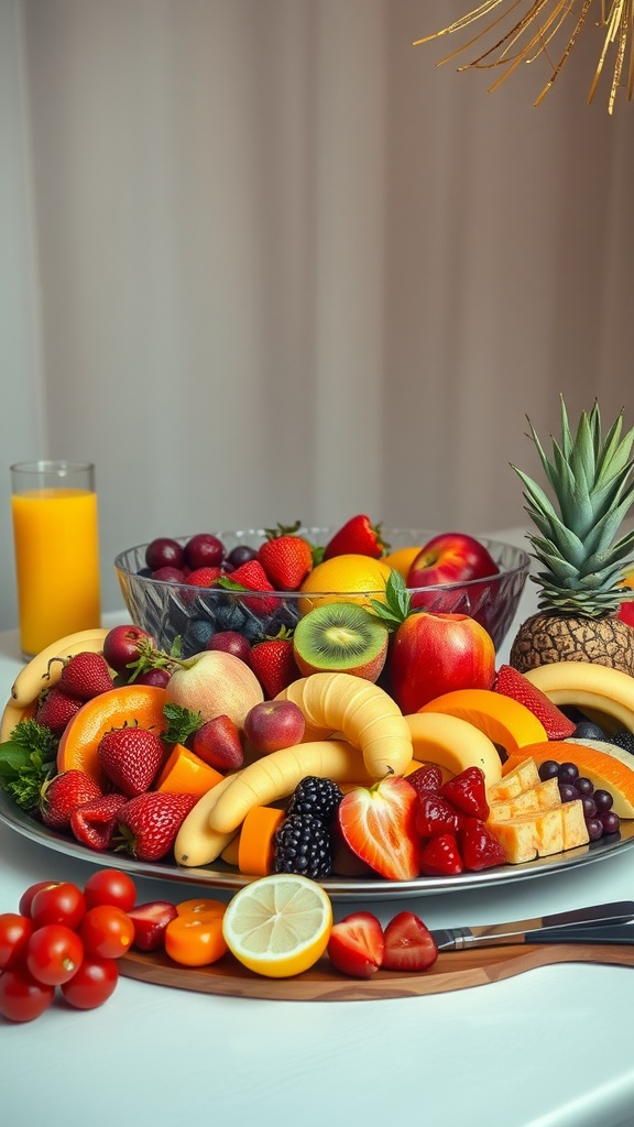 A colorful fruit platter featuring a variety of fruits including bananas, strawberries, grapes, and pineapple.