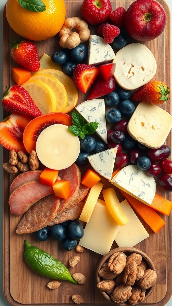 A colorful fruit and cheese board featuring fruits, cheeses, and nuts.