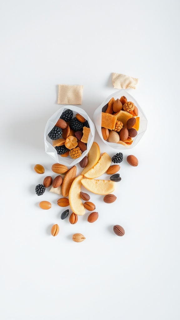 A colorful display of fruit and nut snack packs on a white background.