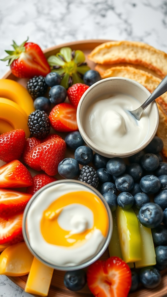 A platter of colorful fruits and yogurt, perfect for a fondue party.