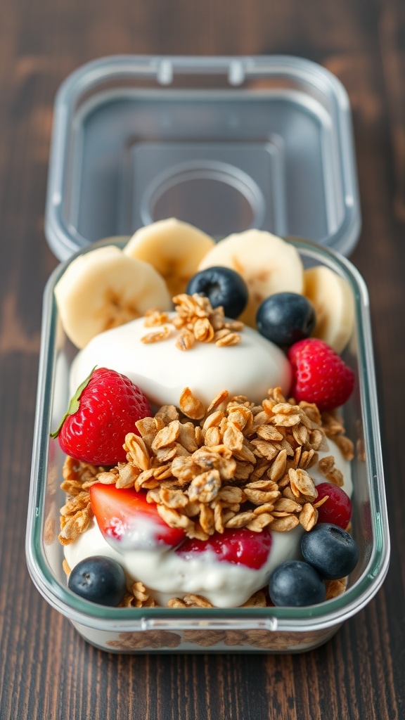 A colorful fruit and yogurt parfait with layers of yogurt, granola, and fresh fruits in a clear container.