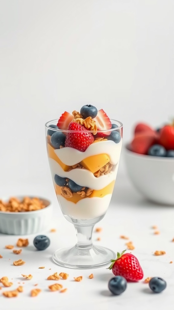 A delicious fruit and yogurt parfait layered with granola and fresh berries.
