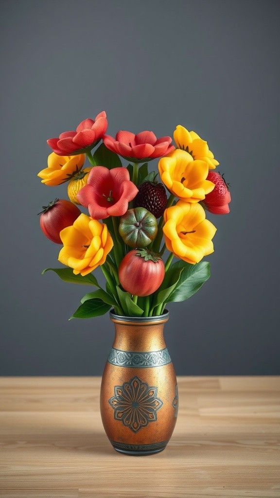 A bouquet of fruits designed to look like flowers, featuring vibrant colors and a decorative vase.