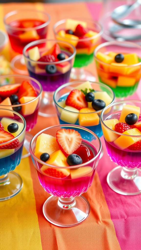 Colorful fruit jello cups with assorted fruits on a vibrant tablecloth.