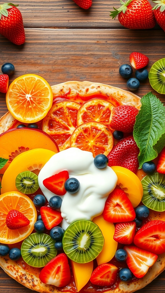 A vibrant fruit pizza topped with yogurt frosting and a variety of fresh fruits on a wooden table.