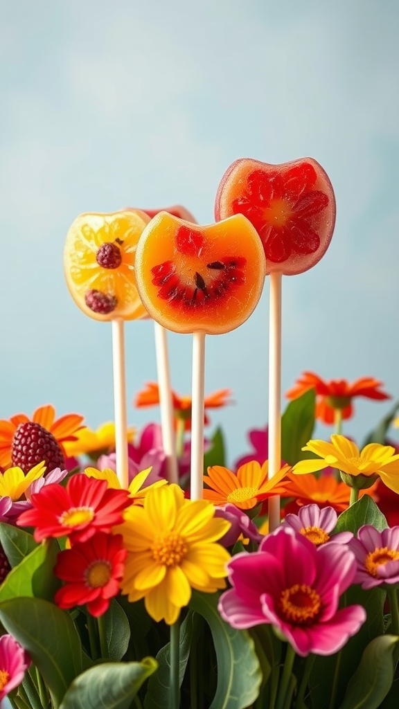 Colorful fruit pops surrounded by flowers