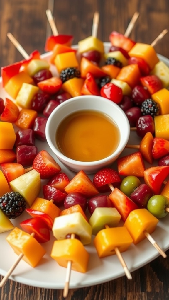 Colorful fruit skewers with a honey dip on a platter.
