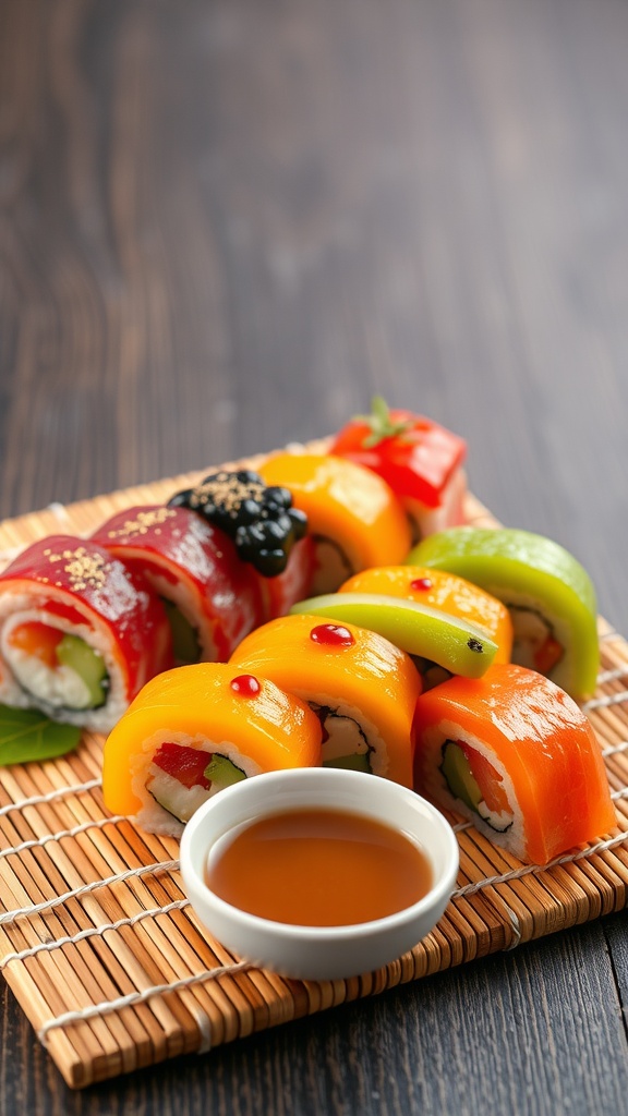 A colorful fruit sushi tray with various fruit rolls and a dipping sauce