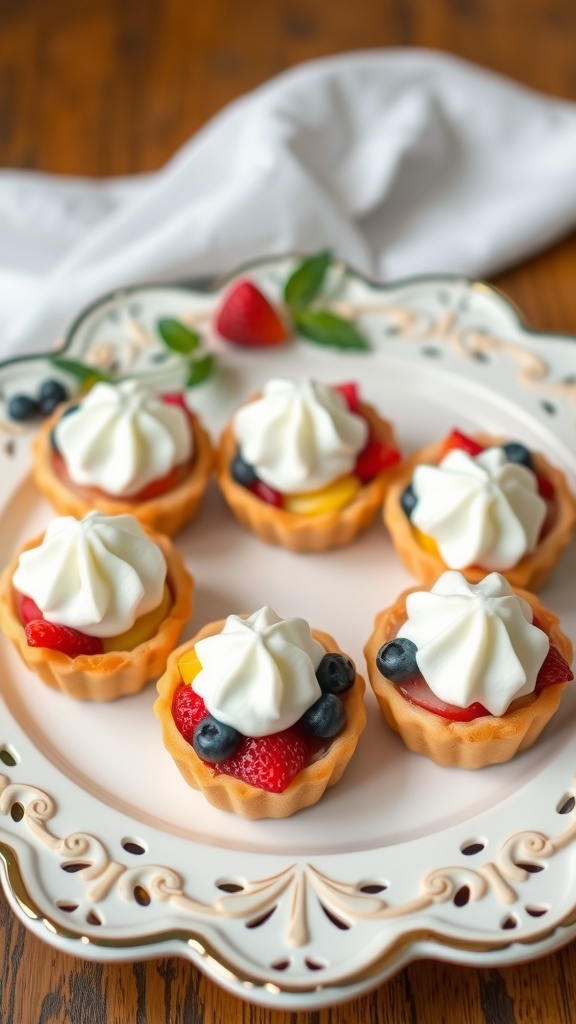 Colorful fruit tarts with whipped cream on a decorative plate.