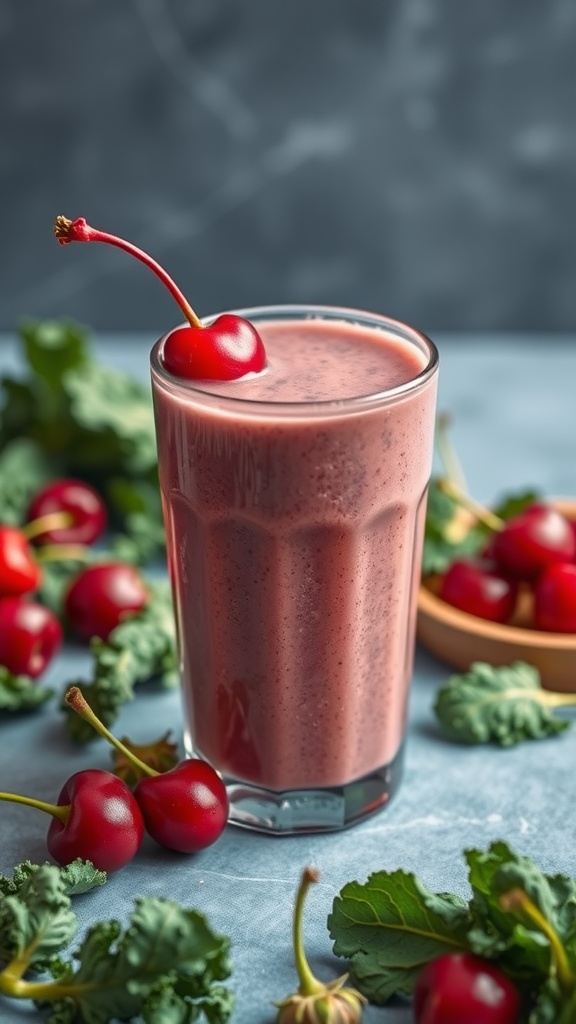 A refreshing cherry kale smoothie in a glass, garnished with a cherry on top.