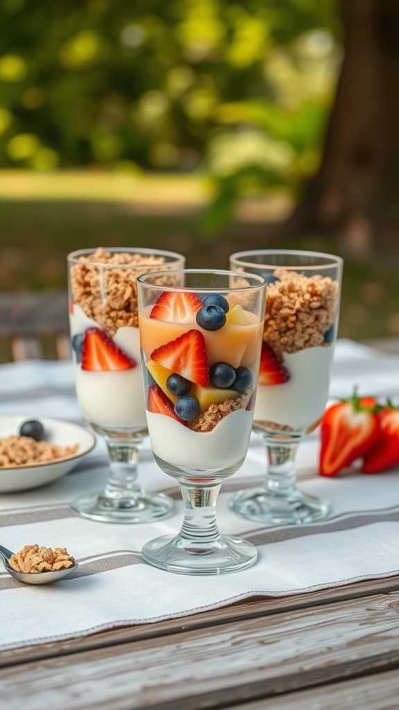 Three fruity parfait cups with layers of yogurt, strawberries, blueberries, and granola