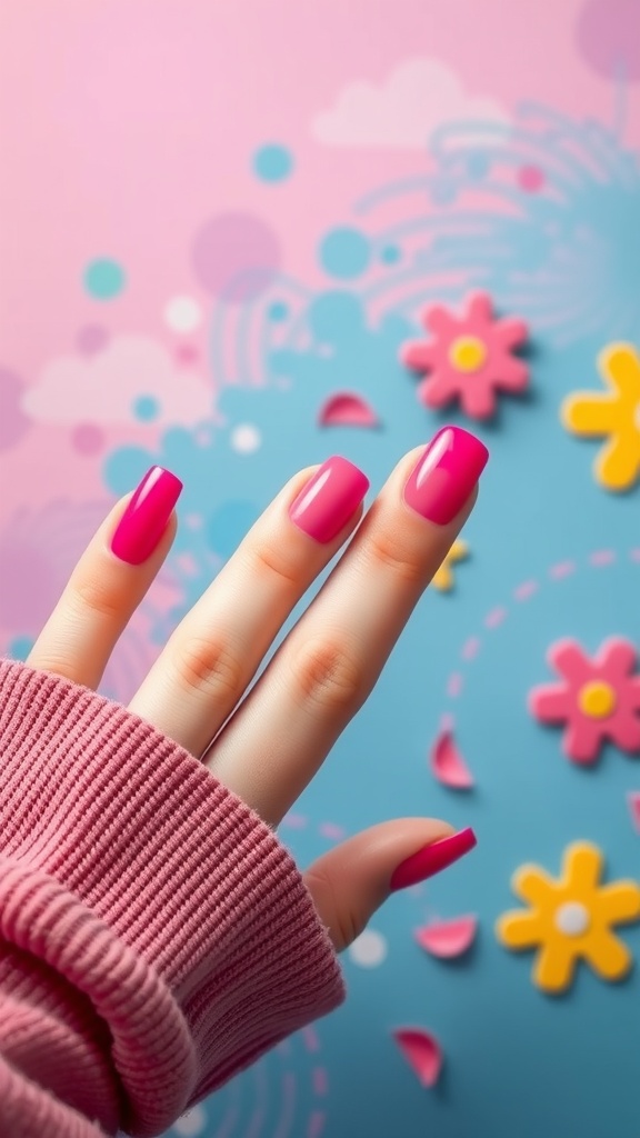 Ombre nails transitioning from fuchsia to bright pink, paired with a cozy sweater.