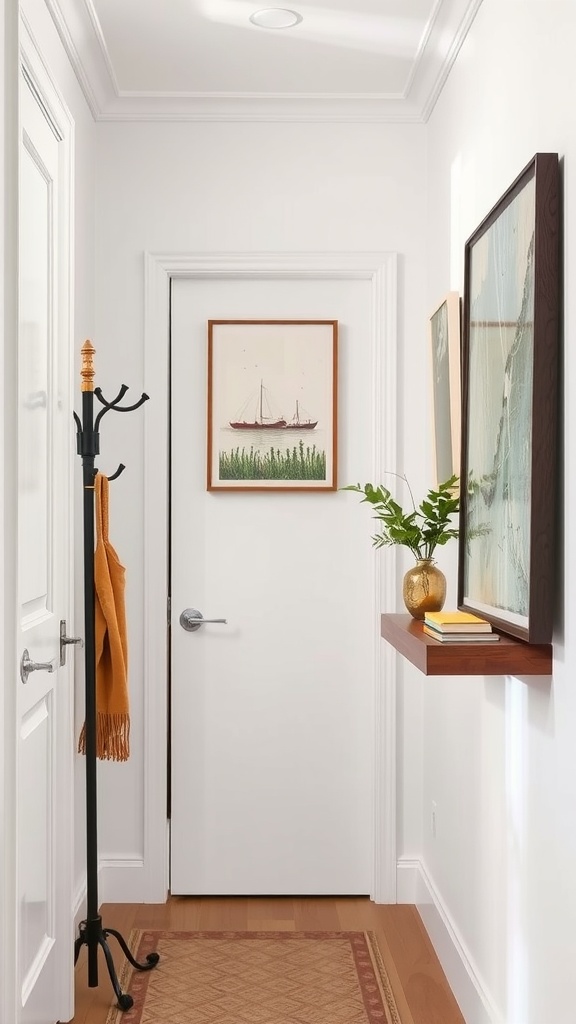 A small hallway featuring framed art, a coat rack, and a shelf with books and a plant.