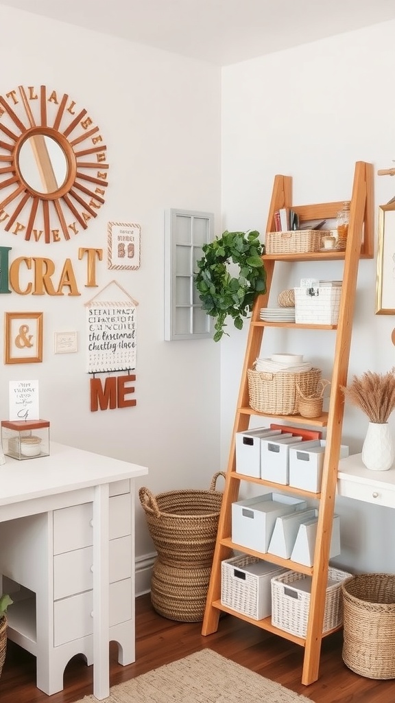 A cozy small craft room with a ladder shelf, decorative wall art, and organized storage baskets.