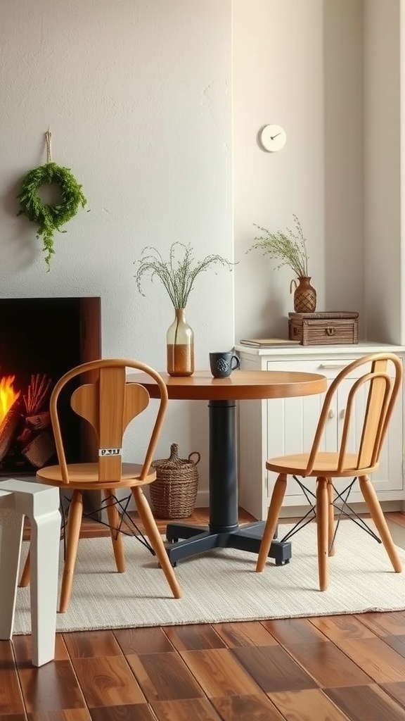 A cozy dining area by the fireplace with wooden chairs and a round table.