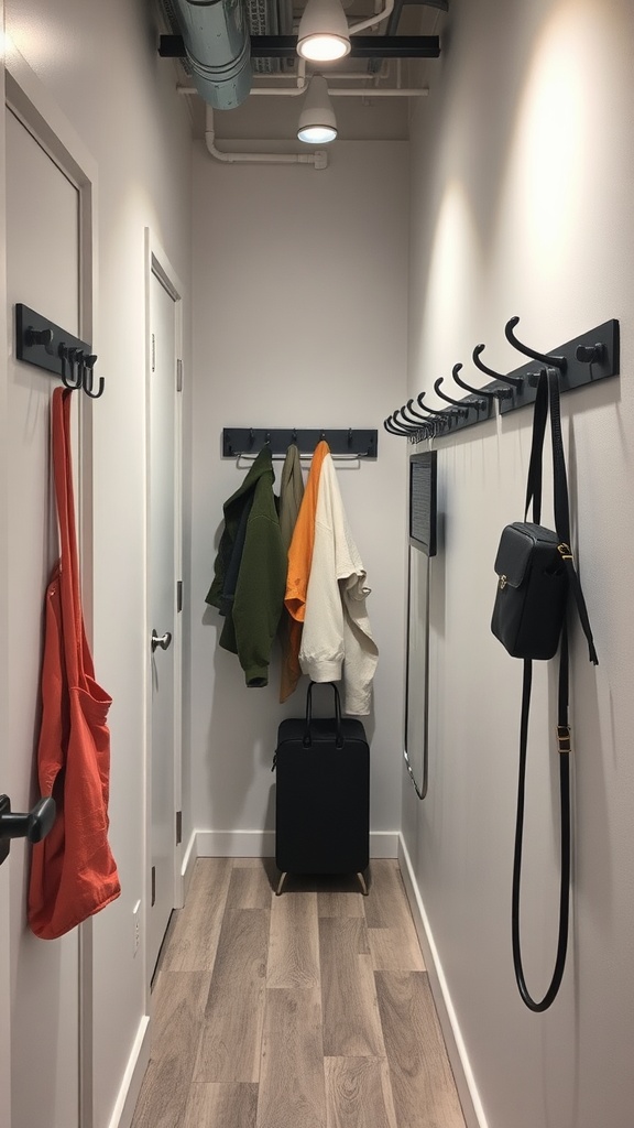 A small hallway with hooks and racks for hanging coats, bags, and a suitcase.