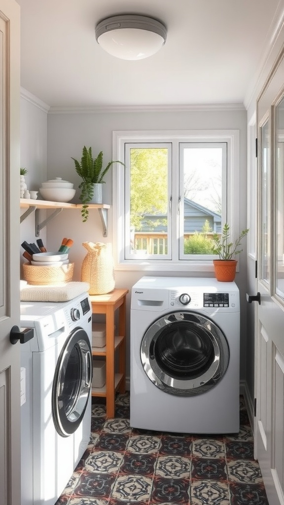 A bright small laundry space featuring a washing machine and dryer, complemented by natural light and decorative plants.