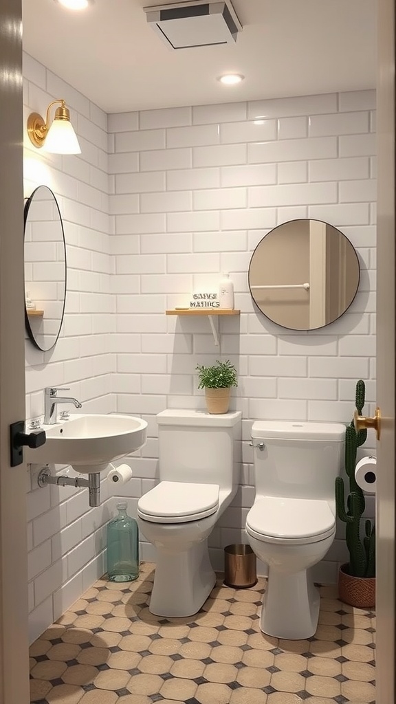 A modern half bathroom with a compact sink, two toilets, round mirrors, and decorative elements.