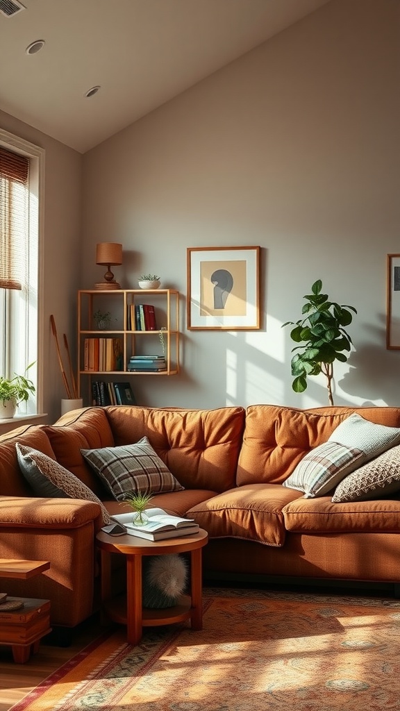 Cozy living room nook with a brown couch, reading materials, and plants.