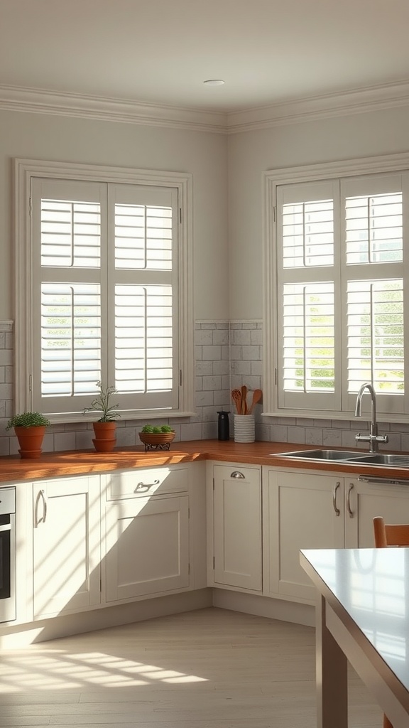 Stylish kitchen with functional shutters on windows, featuring a bright and airy atmosphere.