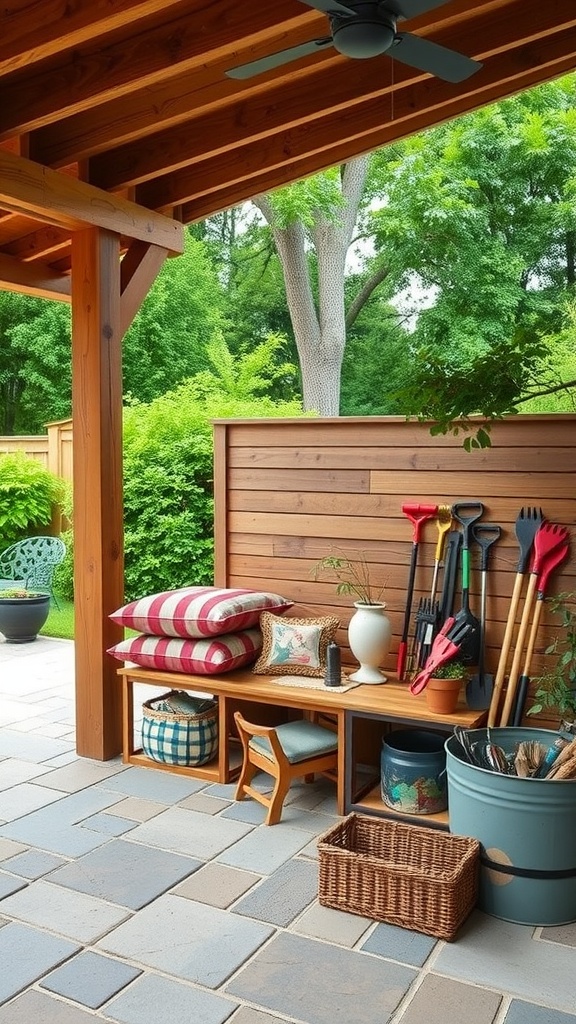 A cozy outdoor patio area with a wooden bench, decorative pillows, and various storage containers for gardening tools.