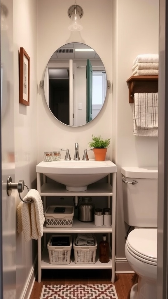 Small bathroom with a round mirror, sink, open shelves, and decorative storage baskets.