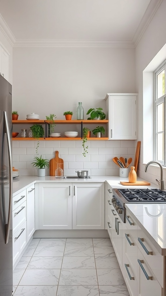 A neat white kitchen featuring open shelves with plants and kitchen utensils